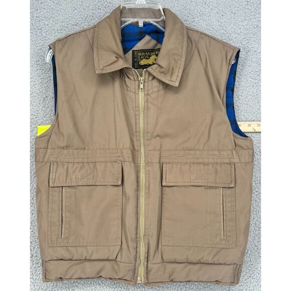 VTG Branded Lion Men's Brown Vest Pockets Insulated Blue Plaid Liners Size L - Picture 5 of 15